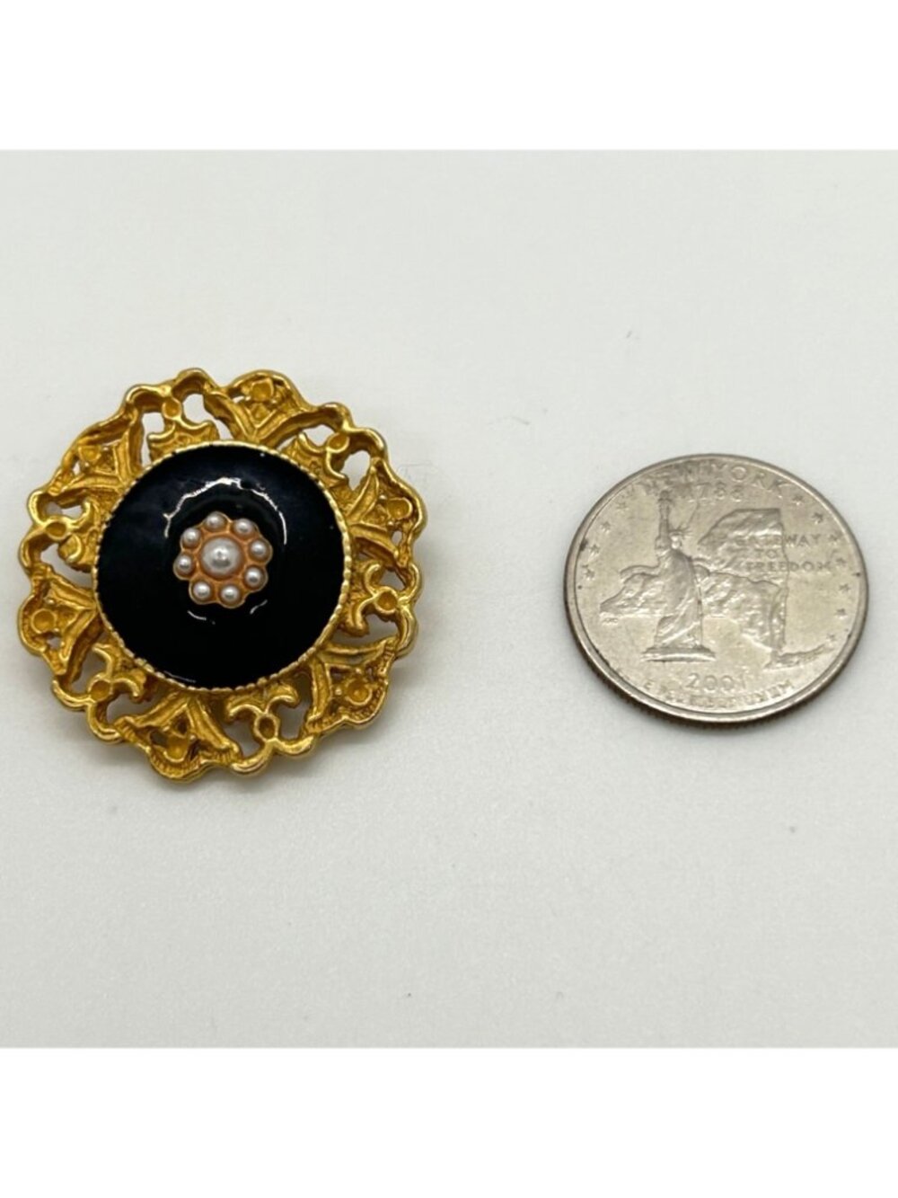 Victorian Revival Brooch Black Enamel Pearl Flower Gold Tone Filigree Pin Gothic - Picture 3 of 10